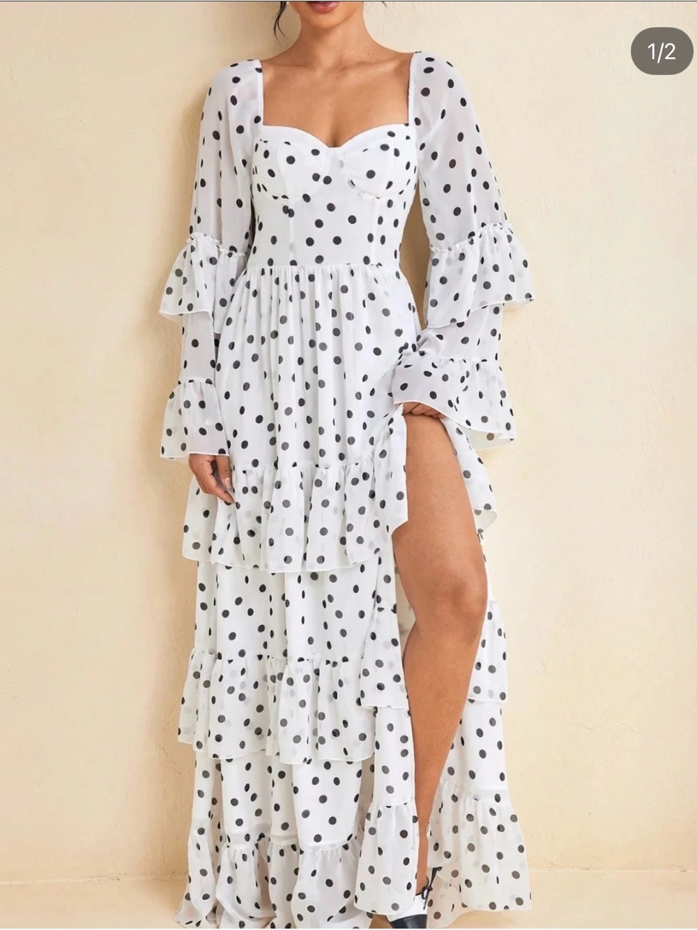 Polka Dot Corset Ruffle Long Sleeve Maxi Dress